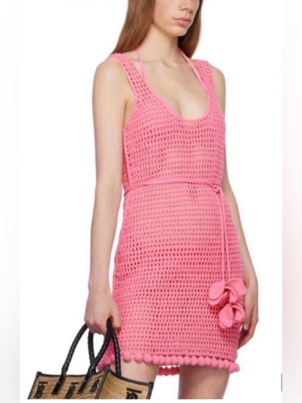 Burberry, NWTs, bubble gum pink Crochet Dress Floral Accents, swim size Lg